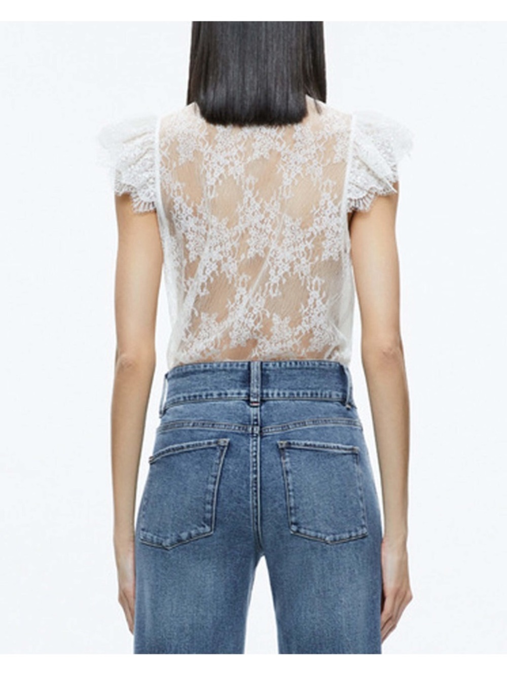 Alice + Olivia Talulah Ruffled Sleeve Bow Tie Neck White Lace Blouse Size Large - Picture 3 of 8
